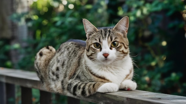 Een mooie huiselijke kat die op een hek ligt.