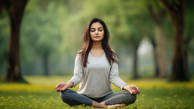 Een mooie Indiase dame beoefent yoga in het park.