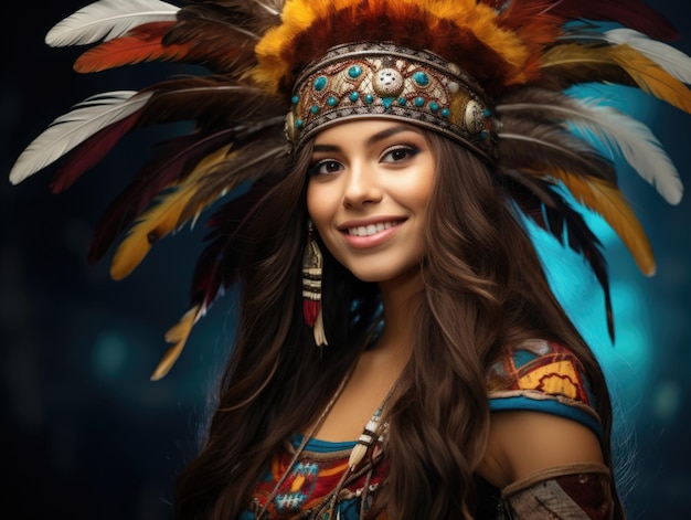 Een mooie Indiase vrouw die lacht met een haarbaard, veren en een hoed in de stijl van de Azteekse kunst