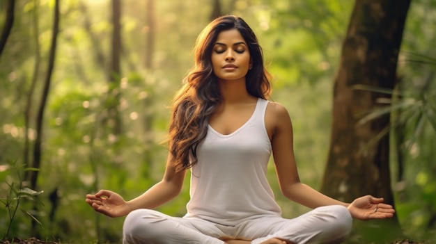 Een mooie Indiase vrouw doet yoga in het groene bos en mediteert in de stijl van Aziatische vrouwen.