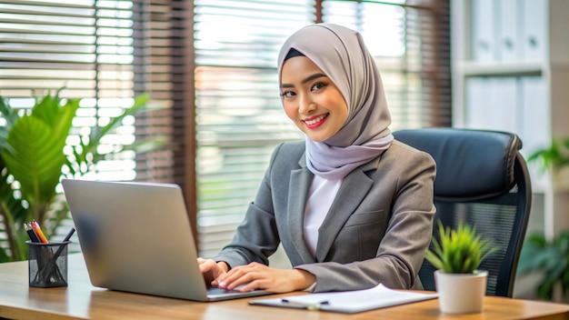 Een mooie Indonesische vrouw werkt als secretaresse in het bedrijf.