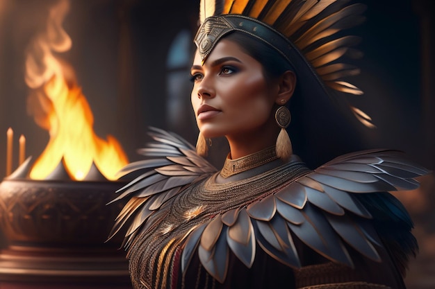 Een mooie inheemse Amerikaanse vrouw die kleding draagt versierd met veren Generative Ai_2