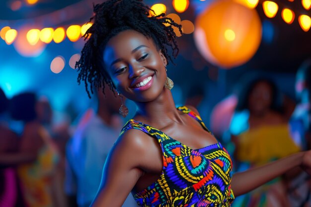 Een mooie jonge Afrikaanse vrouw die op een feestje danst.