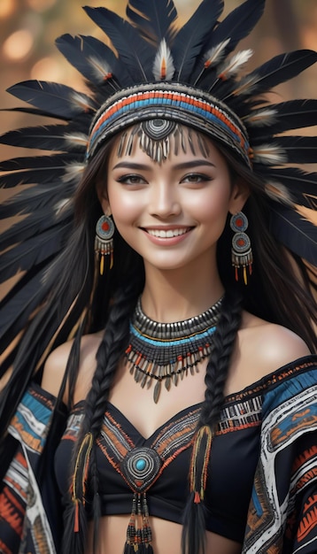 Een mooie jonge Aziatische vrouw in een Indiaans kostuum.