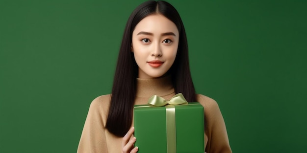 Een mooie jonge Chinese vrouw blij verrast met een geschenk in haar handen met een groene achtergrond