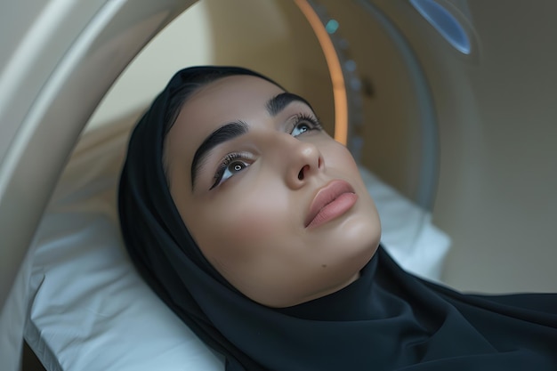 Een mooie jonge Saoedische vrouw ligt op het bed in een MRI-scanner met een zwarte hijab.