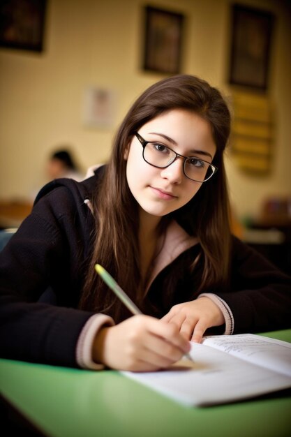 Een mooie jonge student met een bril die studeert in een klaslokaal gemaakt met generatieve AI