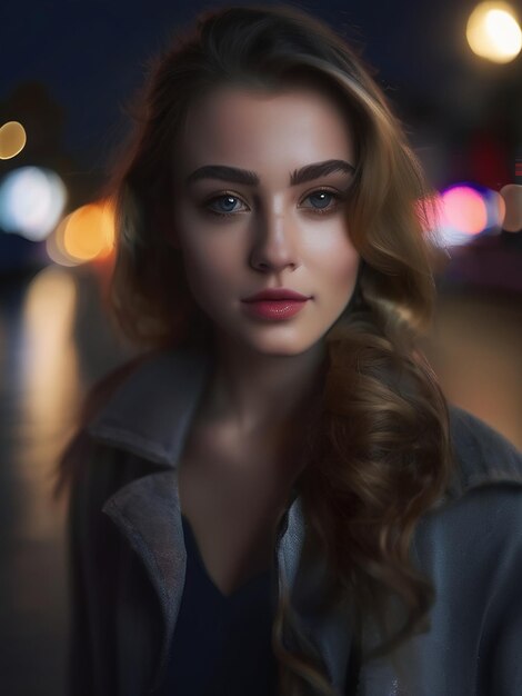 Een mooie jonge vrouw buiten's nachts naar de camera kijkt.
