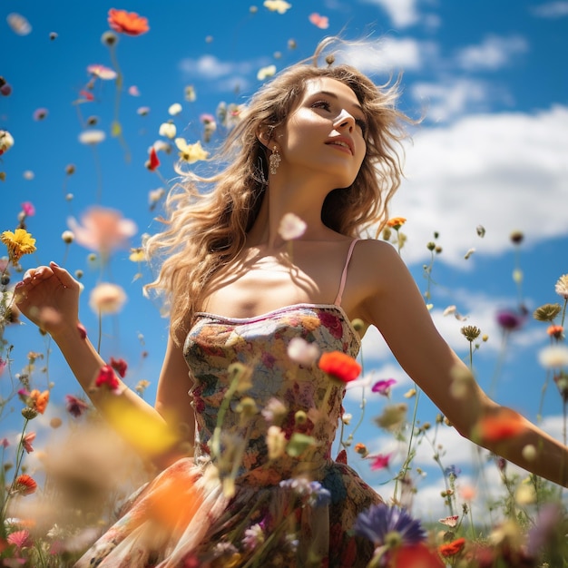 Een mooie jonge vrouw dansend in een veld van wilde bloemen.