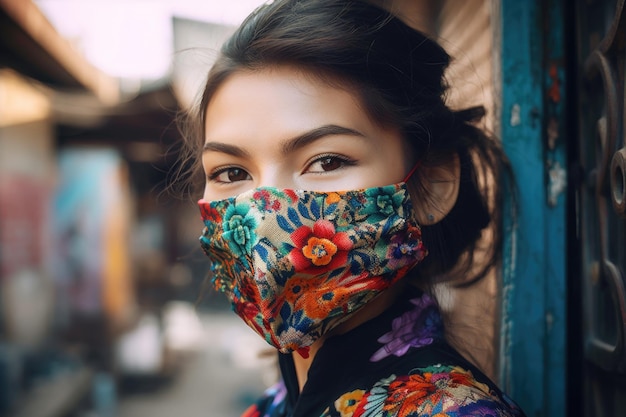 Een mooie jonge vrouw die een kleurrijk masker draagt om haar gezicht te bedekken