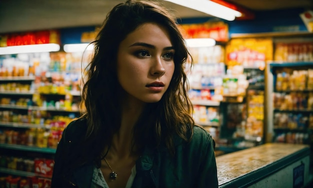 Een mooie jonge vrouw die in een supermarkt boodschappen doet op zoek naar voedsel.