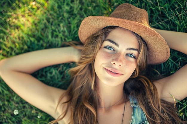 Foto een mooie jonge vrouw die in het gras ligt