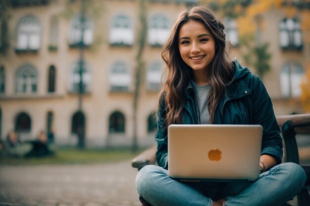 Een mooie jonge vrouw die op een bank ligt en buiten aan een laptop werkt