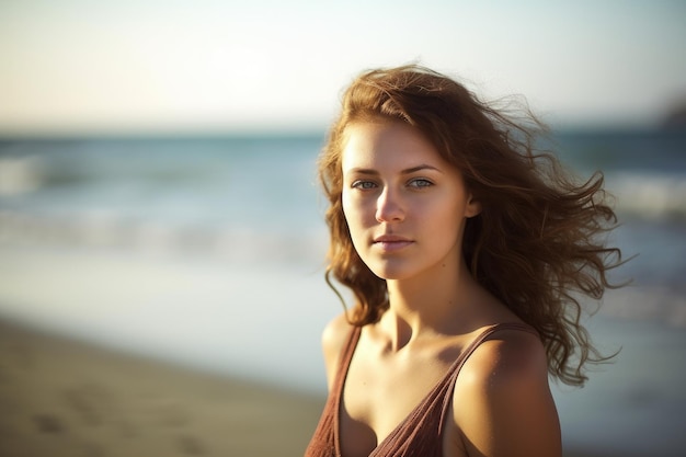 Een mooie jonge vrouw die op het strand staat, gemaakt met generatieve AI