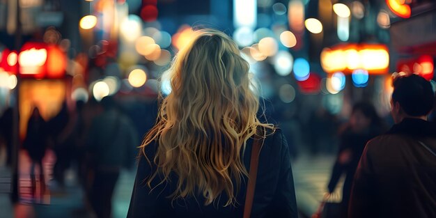 Een mooie jonge vrouw die's nachts door de stad loopt.