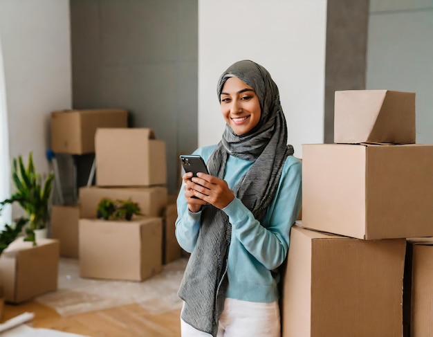 Een mooie jonge vrouw die sms't terwijl ze naar een nieuw appartement verhuist.