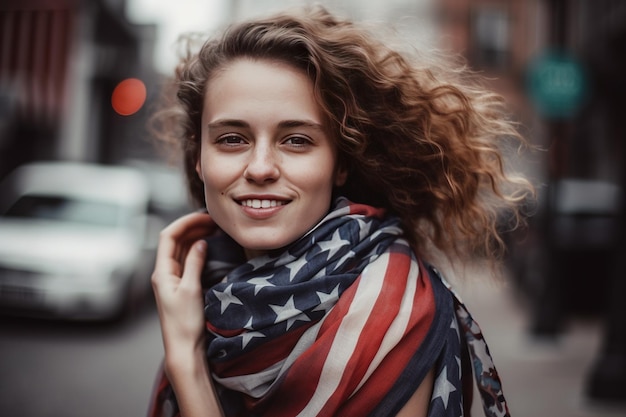 Een mooie jonge vrouw gehuld in een Amerikaanse vlag om haar nek in het veld