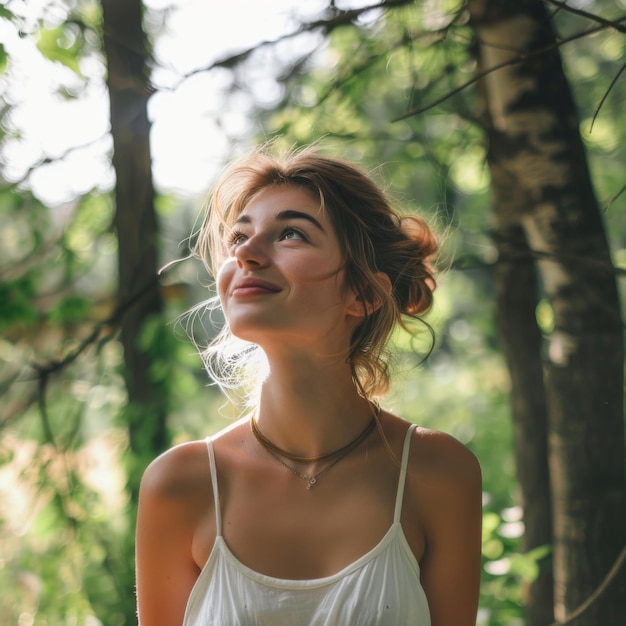 Een mooie jonge vrouw glimlacht en kijkt omhoog in het bos.