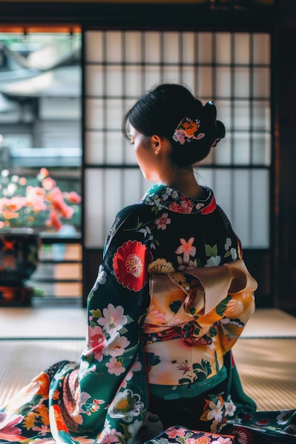 Een mooie jonge vrouw in een kimono die traditionele Japanse gebruiken beoefent