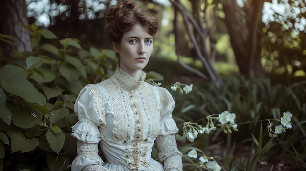 Foto een mooie jonge vrouw in een witte jurk zit in een tuin en kijkt met een serieuze uitdrukking naar de camera.
