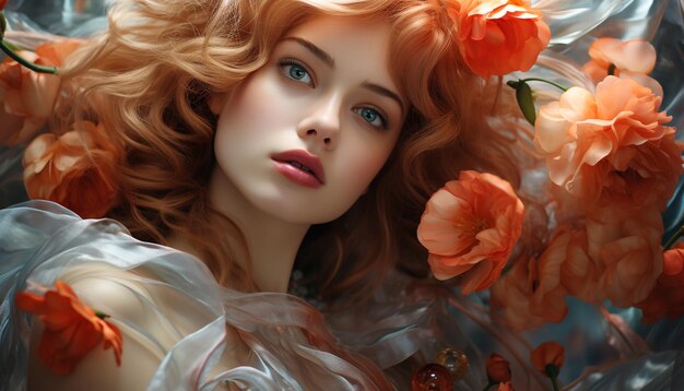Een mooie jonge vrouw met blond haar en een bloem gegenereerd door kunstmatige intelligentie