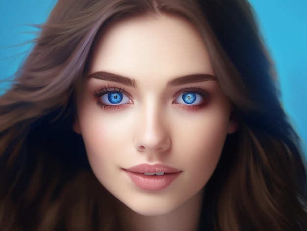Een mooie jonge vrouw met bruin haar en blauwe ogen.