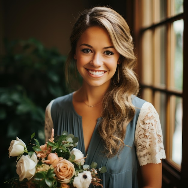 een mooie jonge vrouw met een boeket bloemen