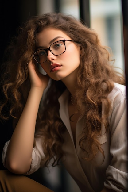 een mooie jonge vrouw met een bril, zittend op een vensterbank