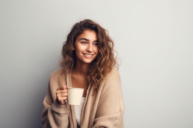 Een mooie jonge vrouw met een kopje koffie gemaakt met generatieve AI