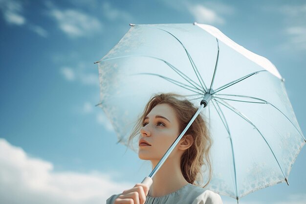 Een mooie jonge vrouw met een witte paraplu op de achtergrond van de hemel.