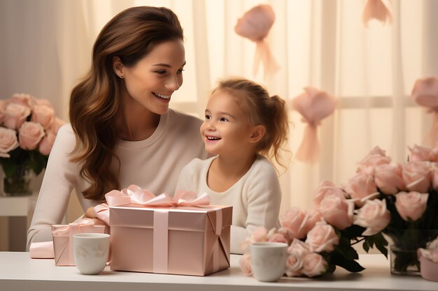 Foto een mooie jonge vrouw met haar baby glimlachend.