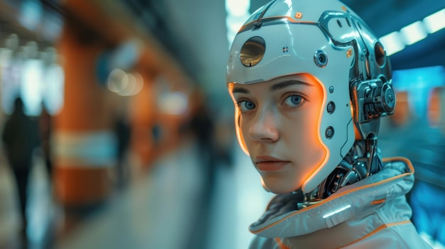 Een mooie jonge vrouw met kort bruin haar en blauwe ogen draagt een futuristische helm