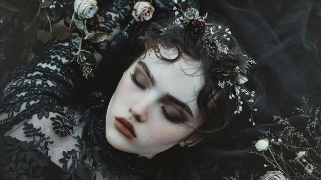 Een mooie jonge vrouw met lang stromend haar ligt te slapen op een bed van zwarte bloemen ze draagt een zwarte kant jurk en een kroon van rode rozen