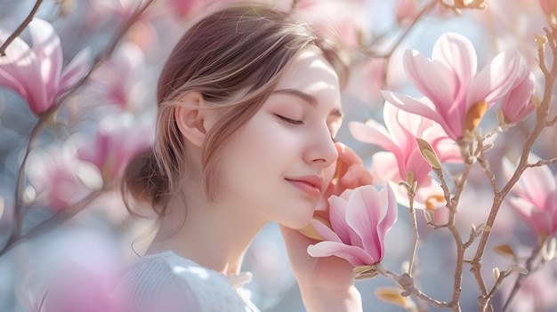 Een mooie jonge vrouw poseert tegen een achtergrond van delicate lente magnolia bloemen