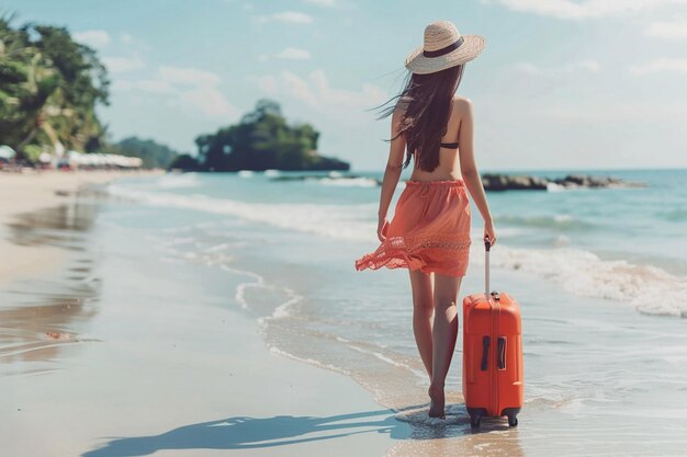 Een mooie jonge vrouw wandelt langs het zandstrand met een koffer in de hand zomerreis