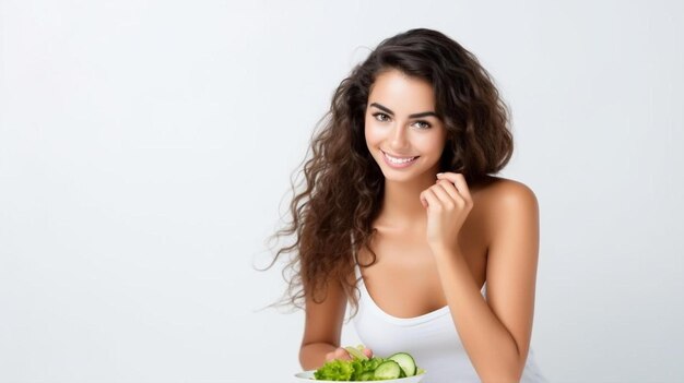 een mooie jonge vrouw zittend aan een tafel met een bord groenten