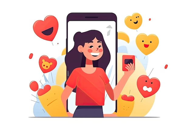Een mooie jonge vrouwelijke vlogger of influencer ontvangt emoji- en emoticonreacties in haar smartphone AI Generated