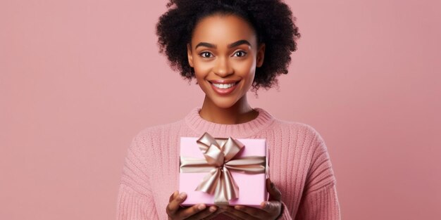 Een mooie jonge zwarte vrouw gelukkig verrast met een geschenk in haar handen met een roze achtergrond