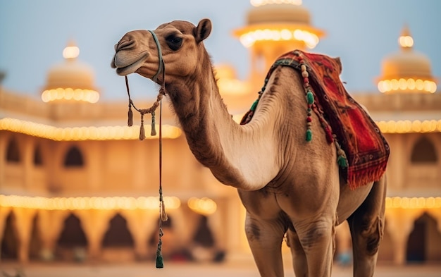 Een mooie kameel staat voor de moskee.