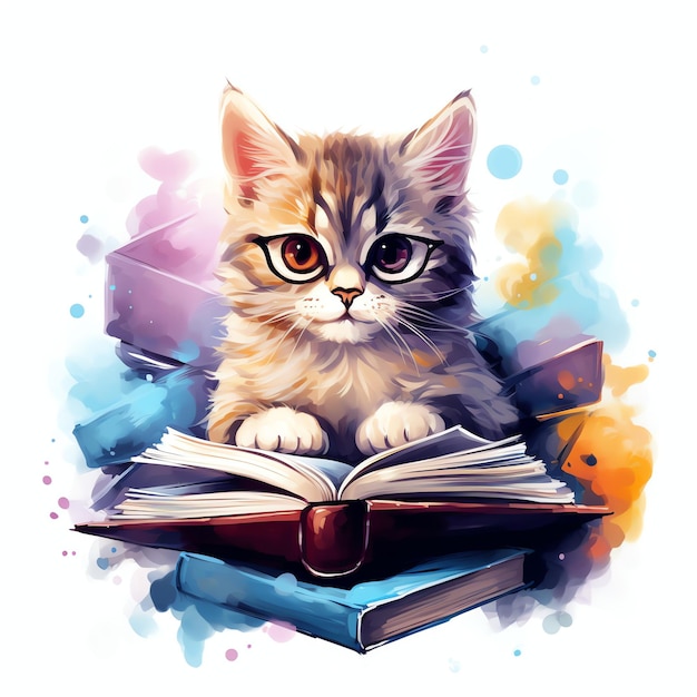 een mooie kat bookworm die een boek leest aquarel clipart illustratie