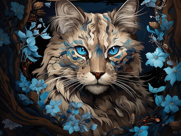 Een mooie kat met blauwe bloemen schilderij