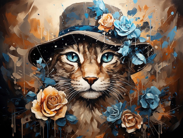 Een mooie kat met blauwe bloemen schilderij