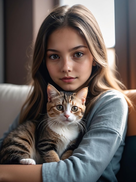 Een mooie kat zit op de schoot van een meisje.