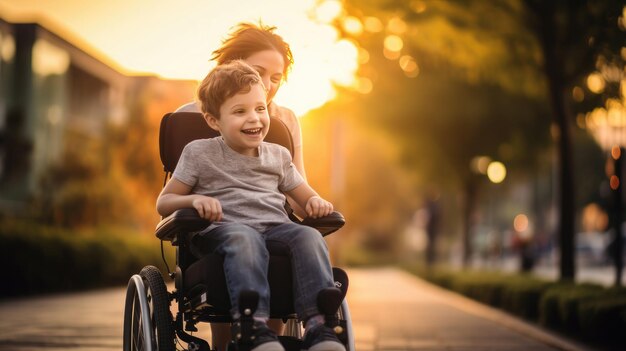 Een mooie kleine jongen met een handicap loopt in een rolstoel met zijn moeder bij zonsondergang Een kind met een handicap