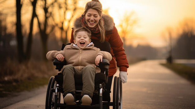 Een mooie kleine jongen met een handicap loopt in een rolstoel met zijn moeder bij zonsondergang Een kind met een handicap