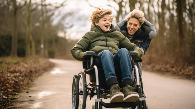 Foto een mooie kleine jongen met een handicap loopt in een rolstoel met zijn moeder bij zonsondergang een kind met een handicap