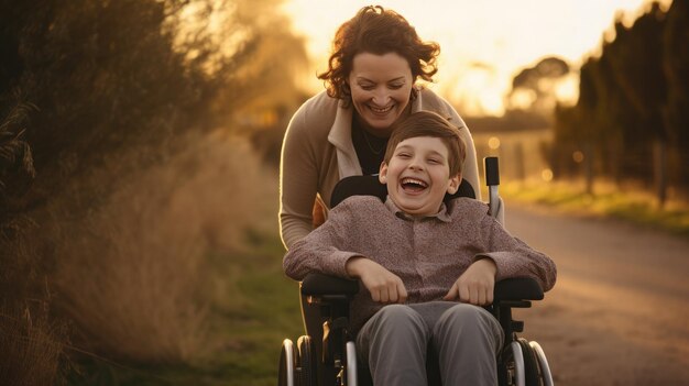 Een mooie kleine jongen met een handicap loopt in een rolstoel met zijn moeder bij zonsondergang Een kind met een handicap