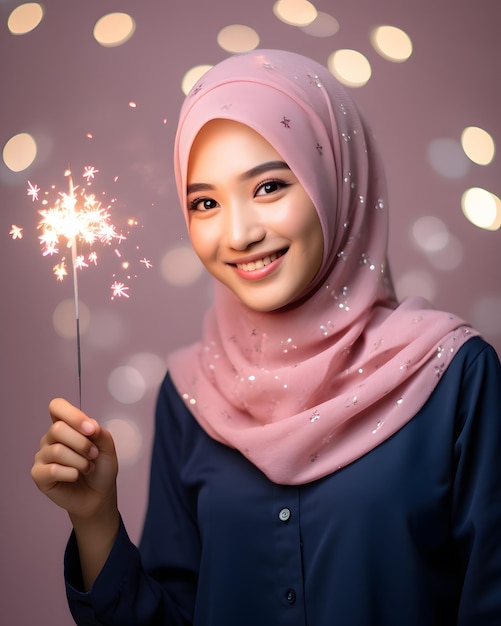 Een mooie lachende indonesische hijab vrouw met een sterretje op geïsoleerde achtergrond
