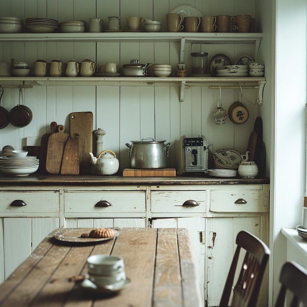 Foto een mooie landelijke keuken houten tafel in rustieke stijl