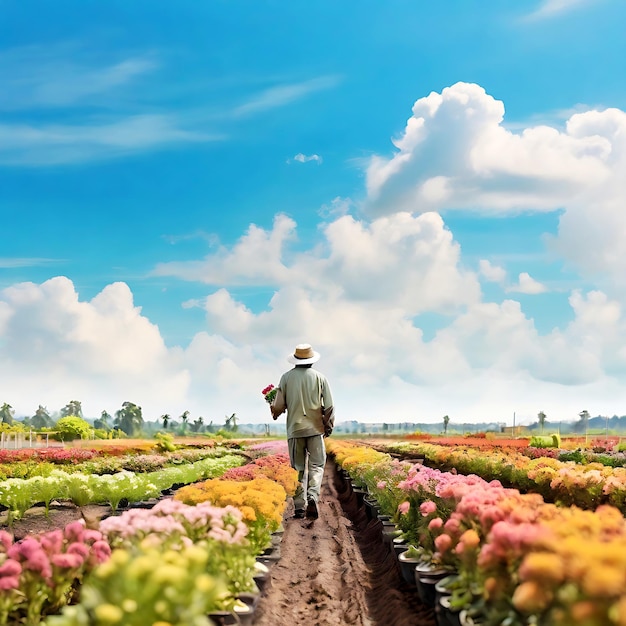 Een mooie man die zorgt voor een bloemenkwekerij onder de hemel natuurlijke groene achtergrond kleur bloem